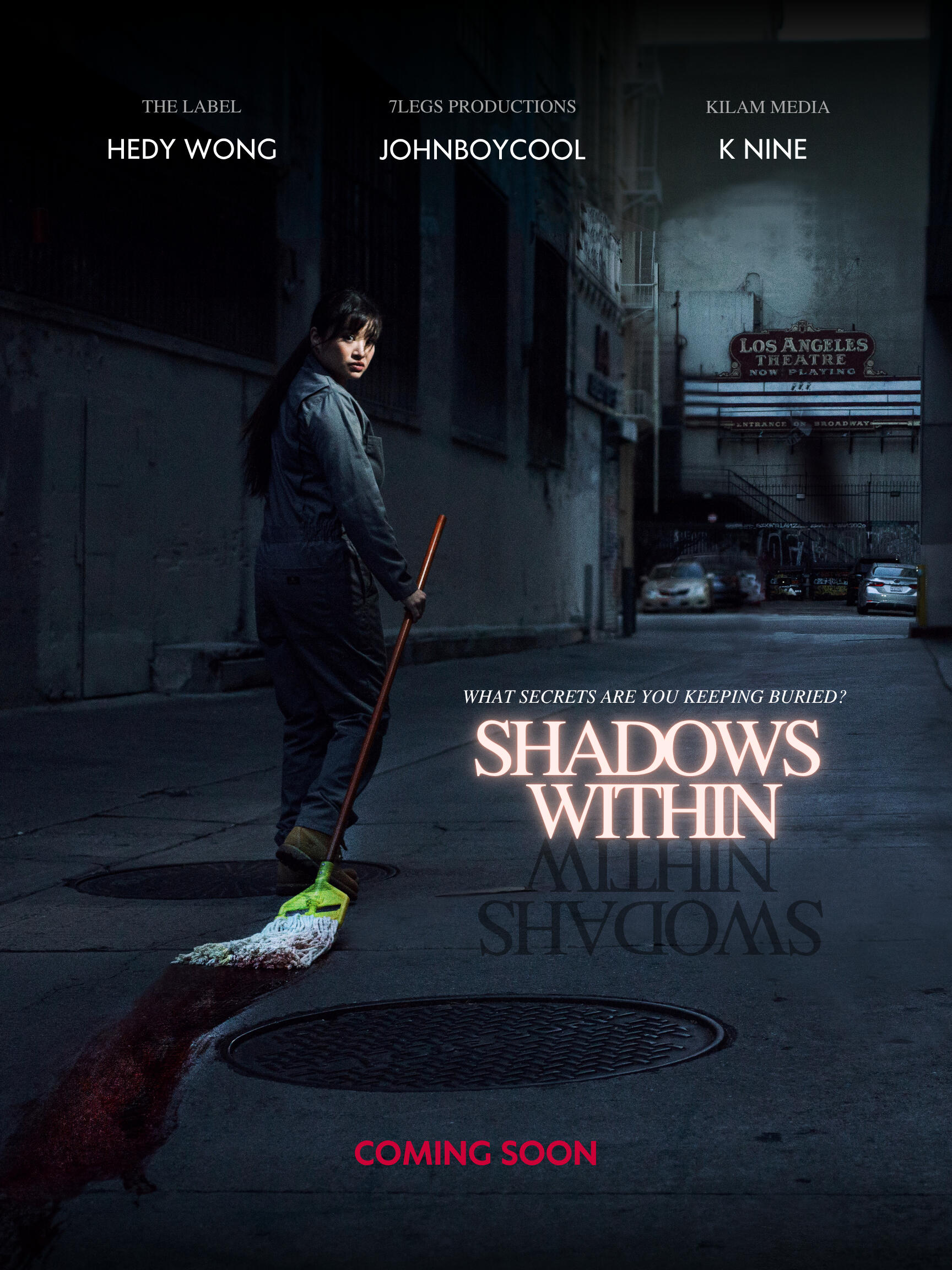 Shadows Within Photo of Billie played by Hedy Wong, holding a bloody mop in a dark alleyway. Photo by DJ Imagery.